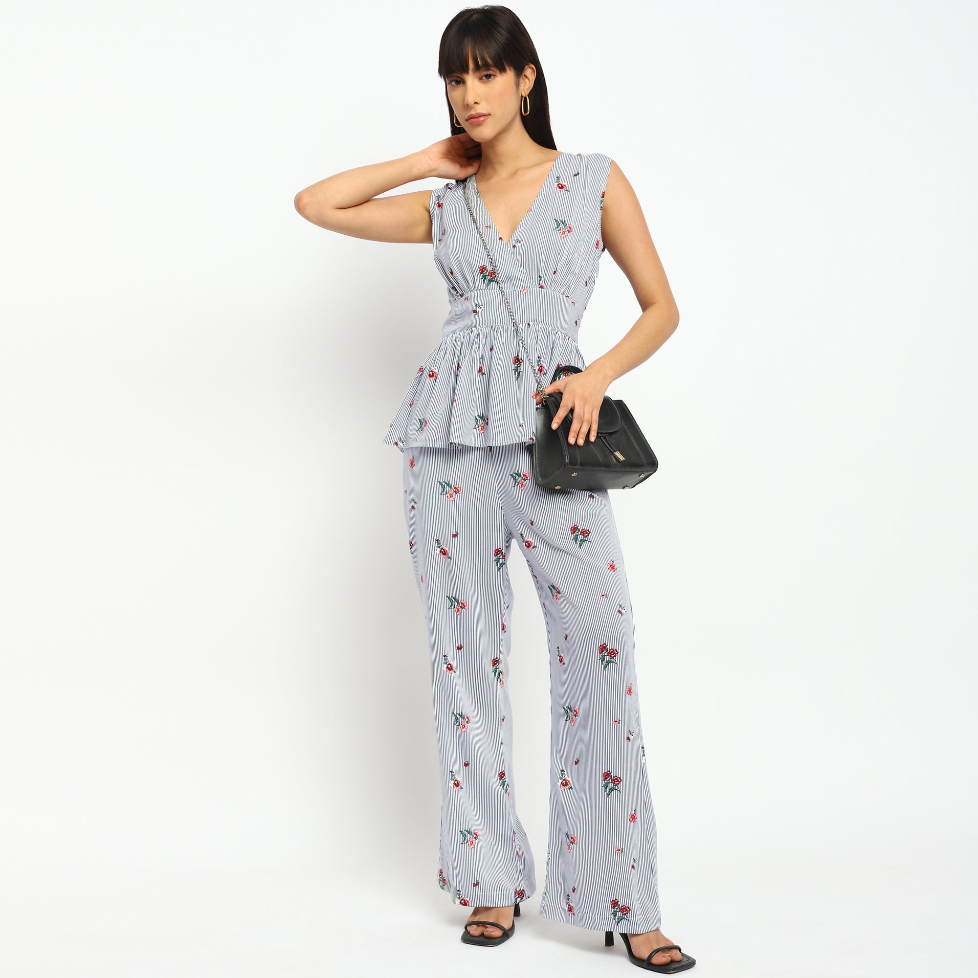 Floral Striped Co-ord Set – Peplum Top & Wide-Leg Pants